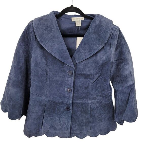 Vintage Suede Leather Scalloped Bell Cropped Blazer Jacket 12 Blue Shawl Peplum - Picture 1 of 11